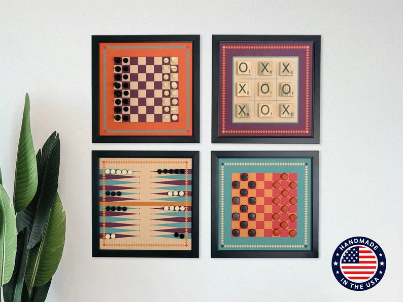 Magnetic Retro Board Game Combo | Functional Wall Art | Chess | Checkers | Tic Tac Toe | Backgammon | Word Tiles | Individual or combo set
