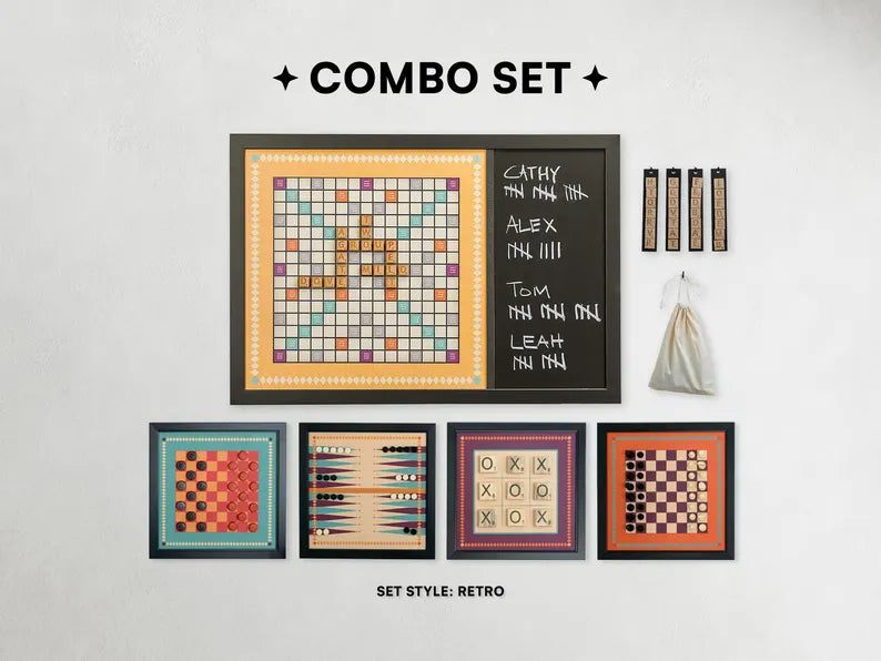 Magnetic Retro Board Game Combo | Functional Wall Art | Chess | Checkers | Tic Tac Toe | Backgammon | Word Tiles | Individual or combo set