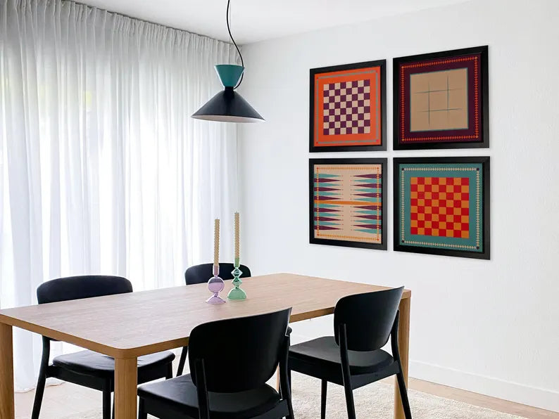 Magnetic Retro Board Game Combo | Functional Wall Art | Chess | Checkers | Tic Tac Toe | Backgammon | Word Tiles | Individual or combo set